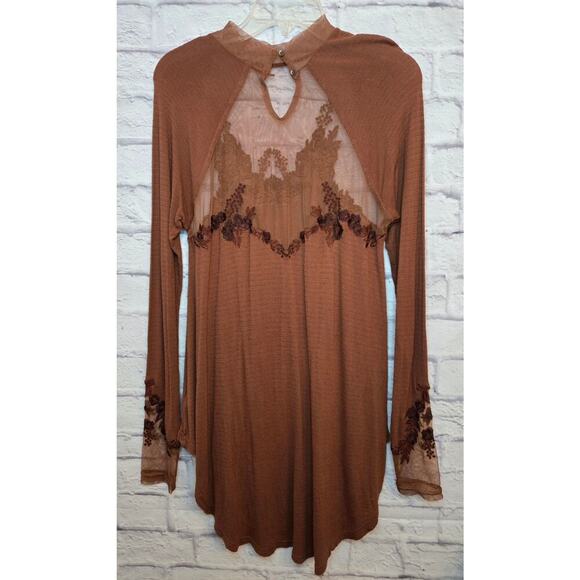 Free People Saheli Tunic Top Embroidered Mesh Boho Brown Hi Low Size S. - Picture 4 of 9